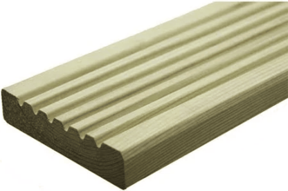 Green treated UC3 softwood pine deck boards one side flat, grooved on reverse 28 x 120mm