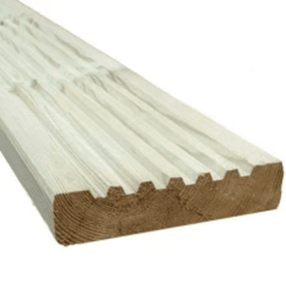 Green treated UC3 softwood pine deck boards one side flat, grooved on reverse 28 x 120mm - view 2