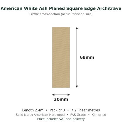 American White Ash Planed Square Edge Architrave 20 x 68mm x 2.4m Pack of 3