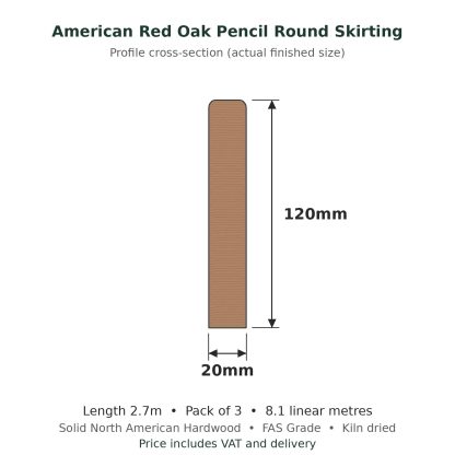American Red Oak Pencil Round Skirting Board 20 x 120mm x 2.7m Pack of 3