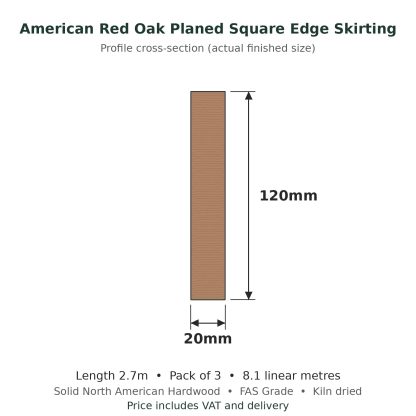 American Red Oak Planed Square Edge Skirting Board 20 x 120mm x 2.7m Pack of 3