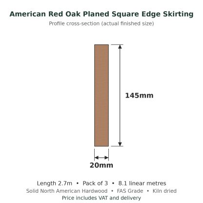 American Red Oak Planed Square Edge Skirting Board 20 x 145mm x 2.7m Pack of 3