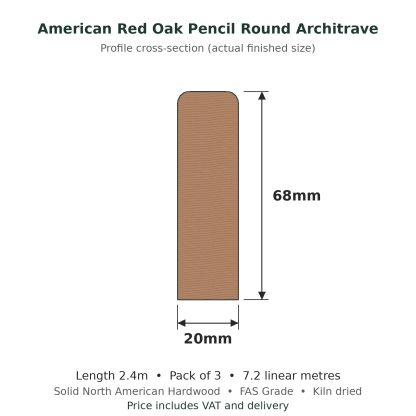 American Red Oak Pencil Round Architrave 20 x 68mm x 2.4m Pack of 3