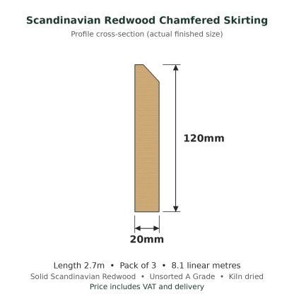 Scandinavian Redwood Chamfered Skirting Board 20 x 120mm x 2.7m Pack of 3