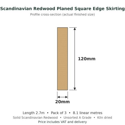 Scandinavian Redwood Planed Square Edge Skirting Board 20 x 120mm x 2.7m Pack of 3