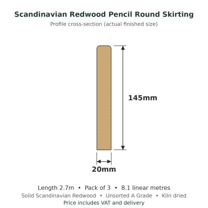 Scandinavian Redwood Pencil Round Skirting Board 20 x 145mm x 2.7m Pack of 3