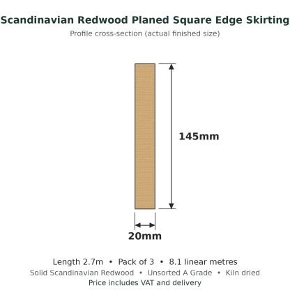 Scandinavian Redwood Planed Square Edge Skirting Board 20 x 145mm x 2.7m Pack of 3