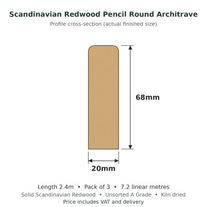 Scandinavian Redwood Pencil Round Architrave 20 x 68mm x 2.4m Pack of 3