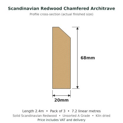 Scandinavian Redwood Chamfered Architrave 20 x 68mm x 2.4m Pack of 3