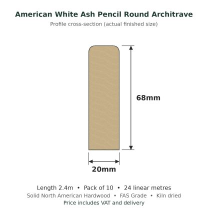 American White Ash Pencil Round Architrave 20 x 68mm x 2.4m Pack of 10