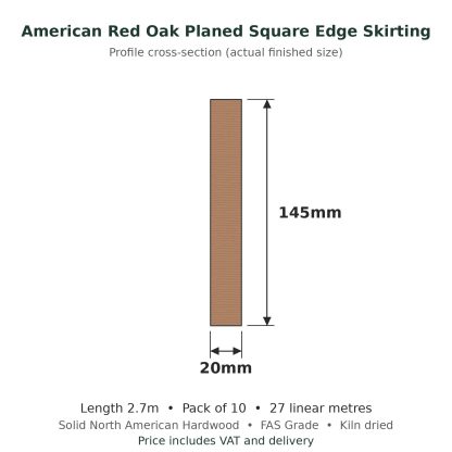 American Red Oak Planed Square Edge Skirting Board 20 x 145mm x 2.7m Pack of 10