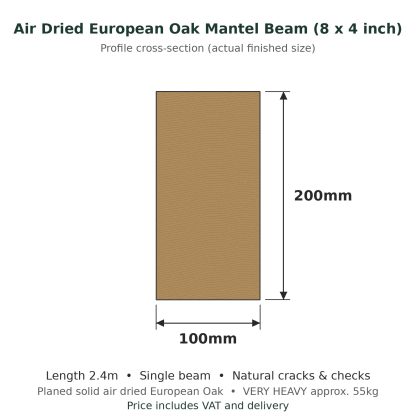 Air dried European oak mantel beam 200 x 100mm x 2.4m profile drawing