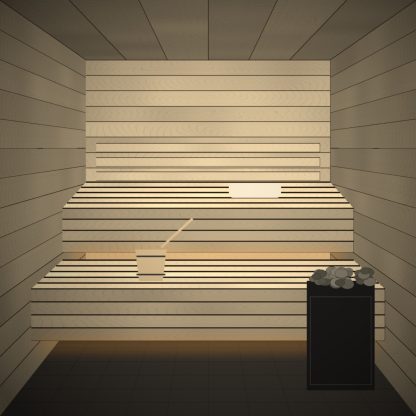 Aspen Sauna Bench Board 28 x 42mm x 2.1m installed sauna setting