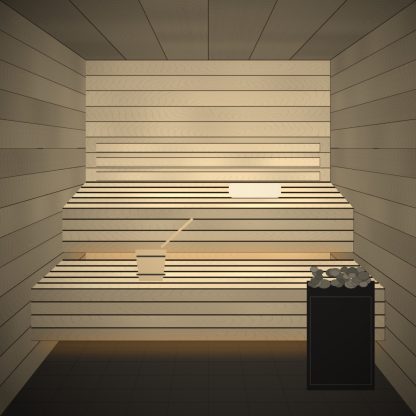 Aspen Sauna Bench Board 28 x 42mm x 2.7m installed sauna setting